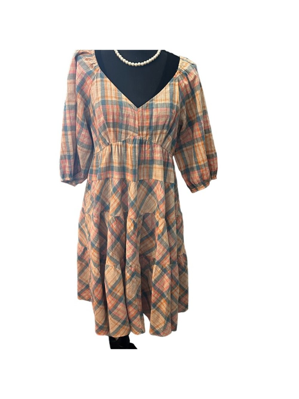 Drew Anthropologie Babydoll Dress Women Prairie Windowpane Plaid Cottagecore